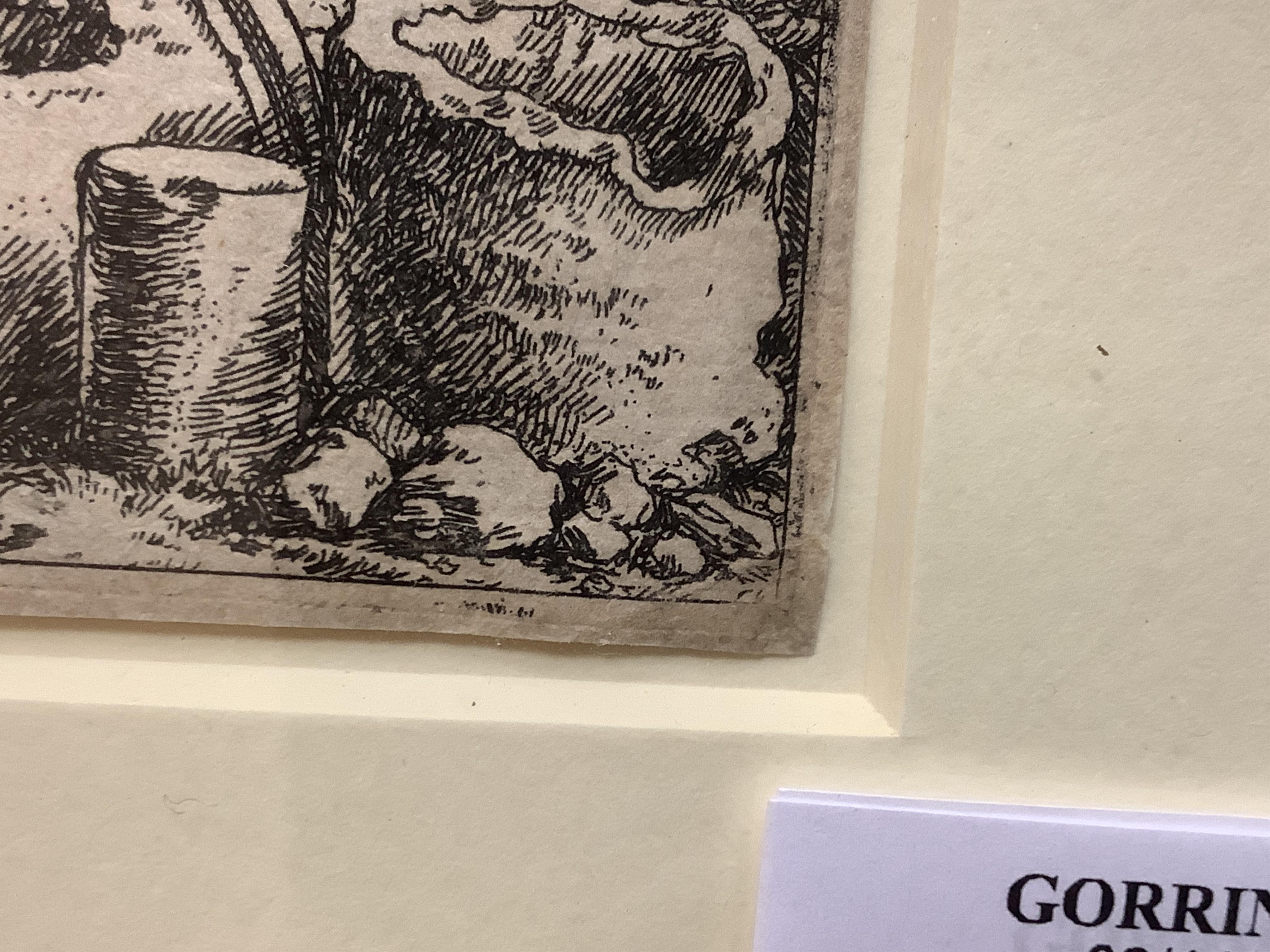 After Jonas Umbach the elder (German, 1624–1693), ‘Italian Landscape with Ruins’, etching and after Adriaen van der Cabel (Dutch, 1631-1705), Landscape with woman Walking Along the River’, etching, largest 15 x 23cm